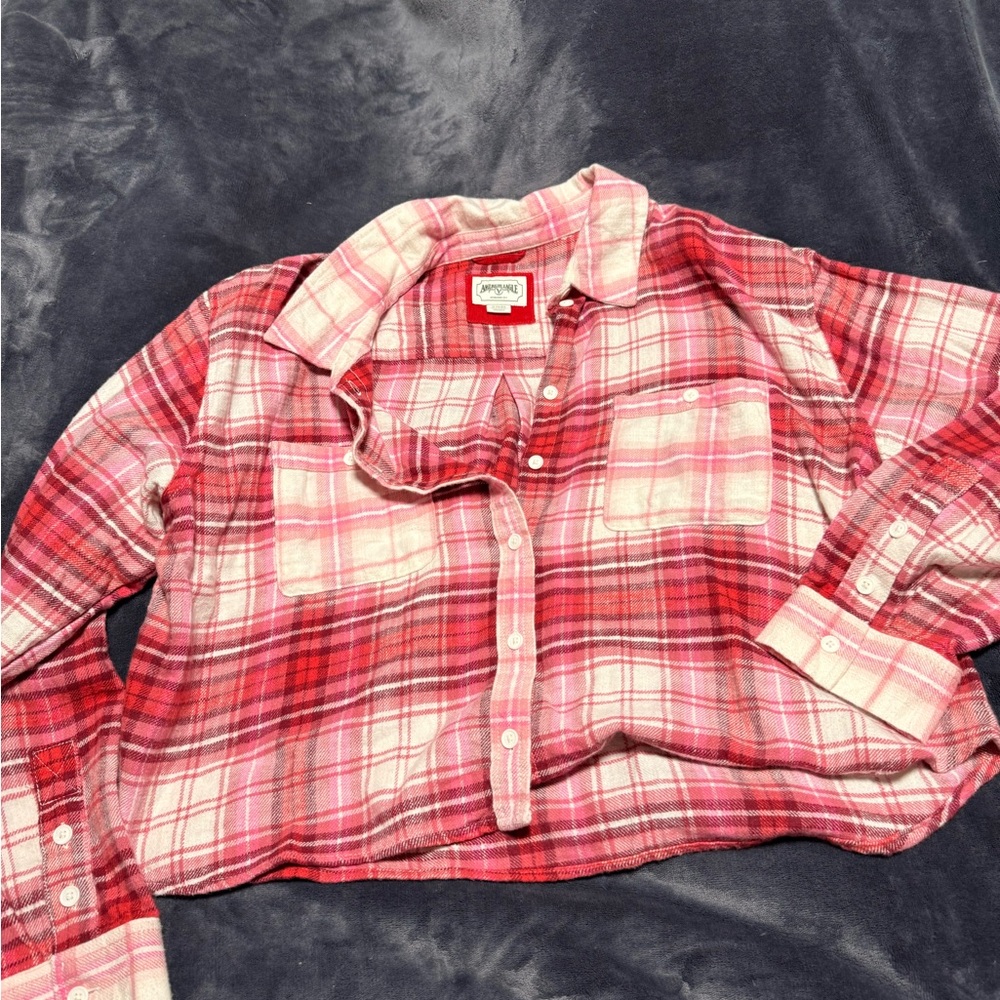 Plaid women’s crop button down plaid  Shirt in Red and Pink
